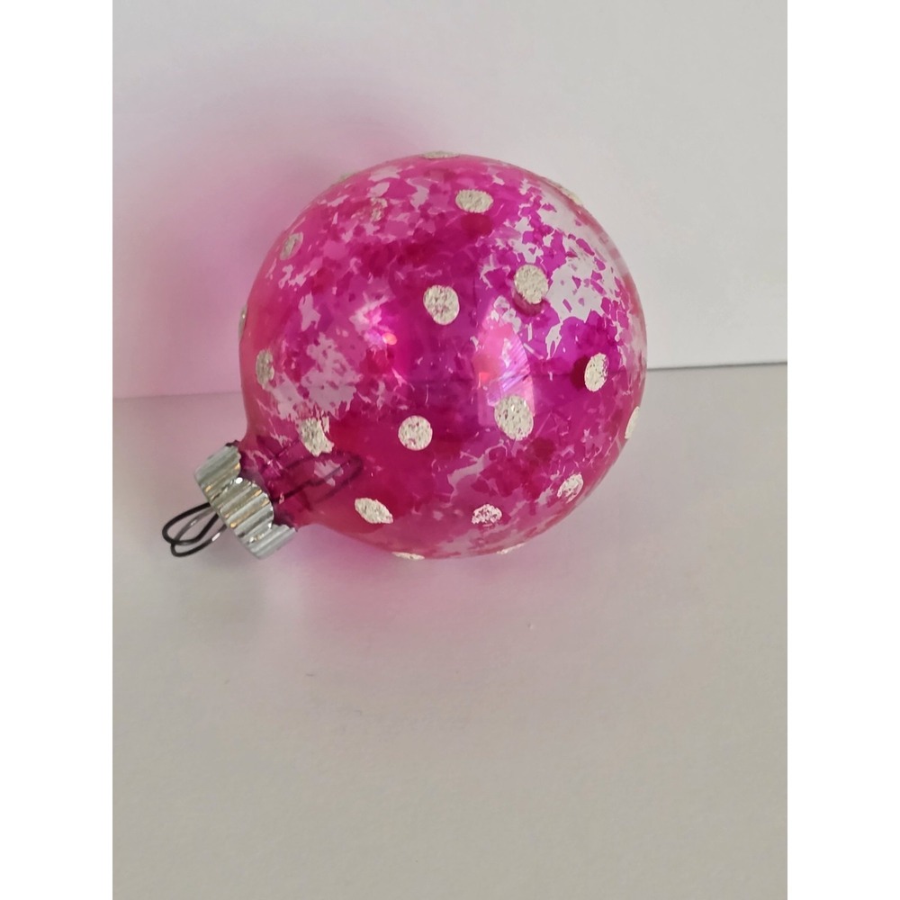 Vtg Shiny Brite Pink White Flocked UNSILVERED glass CHRISTMAS ORNAMENT  Polkadot